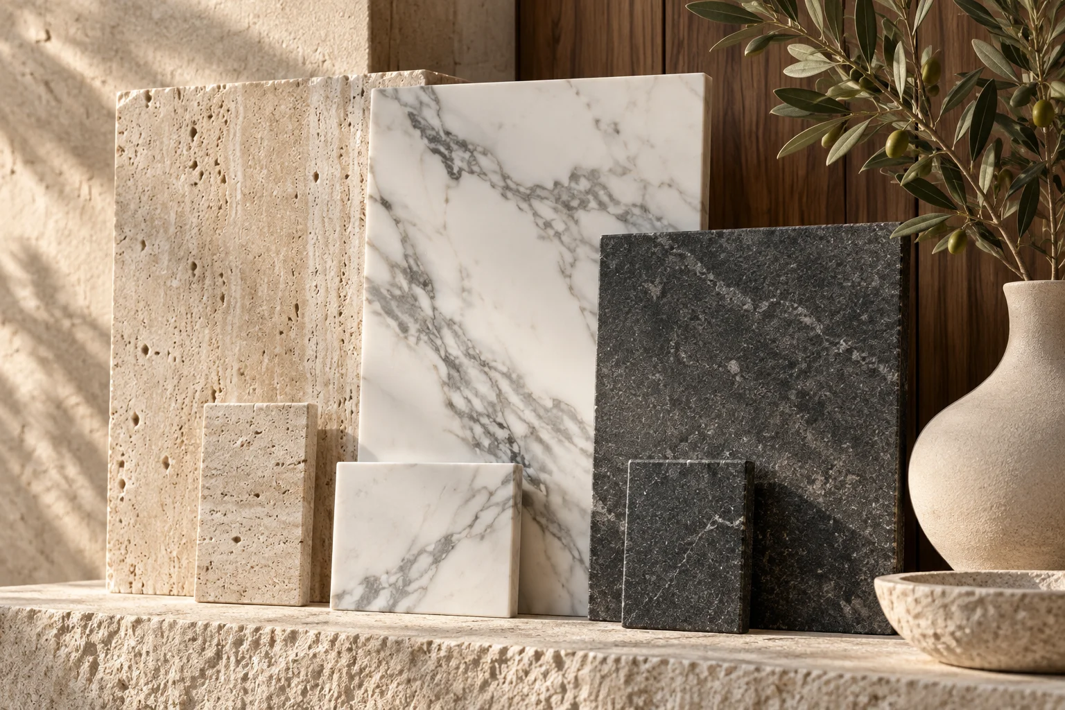 Association de marbre, travertin et granit dans des tons naturels